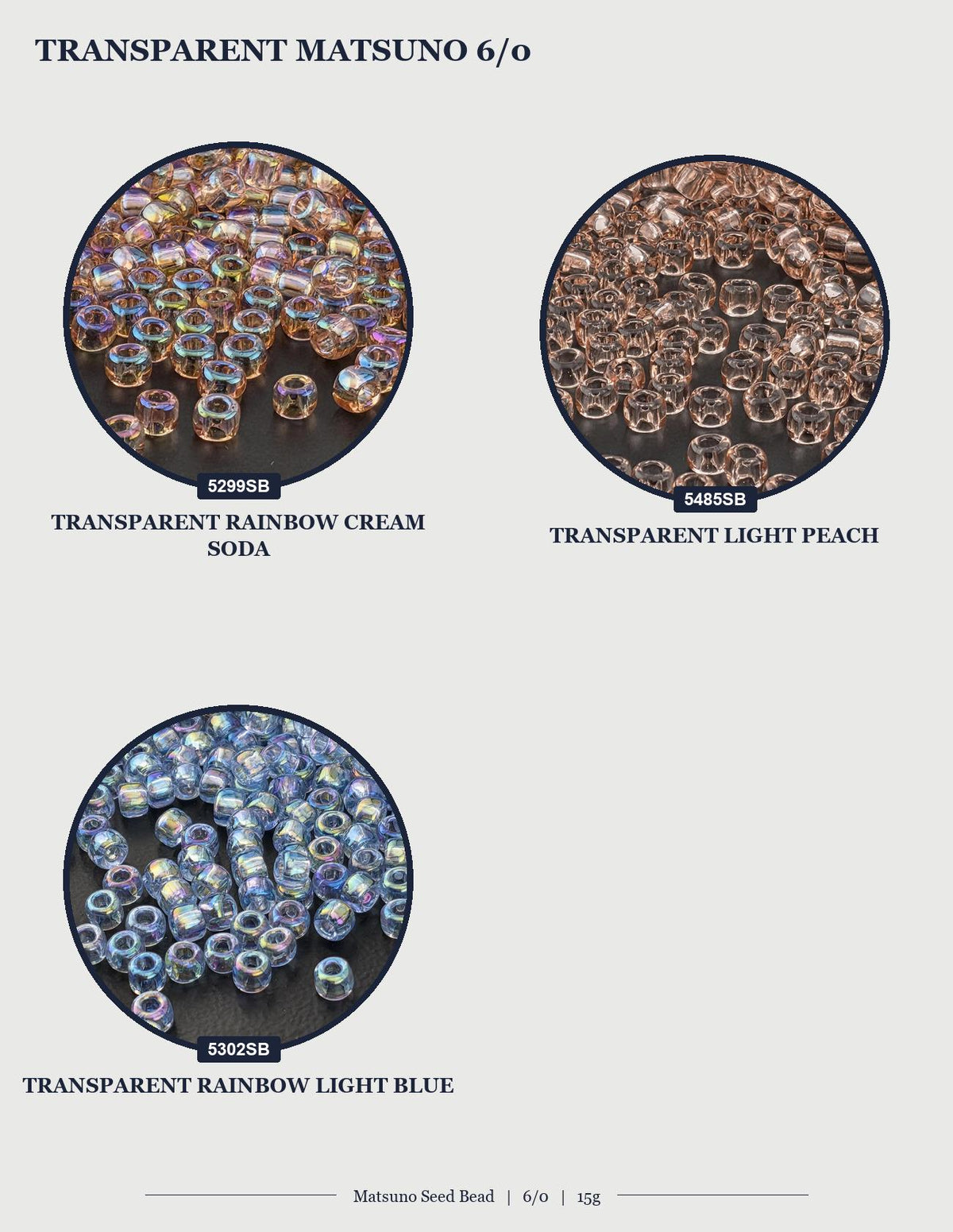 three circular images, each showing a different type of transparent bead. The first image shows a pile of rainbow-colored beads, the second image shows a pile of light peach-colored beads, and the third image shows a pile of blue-colored beads.