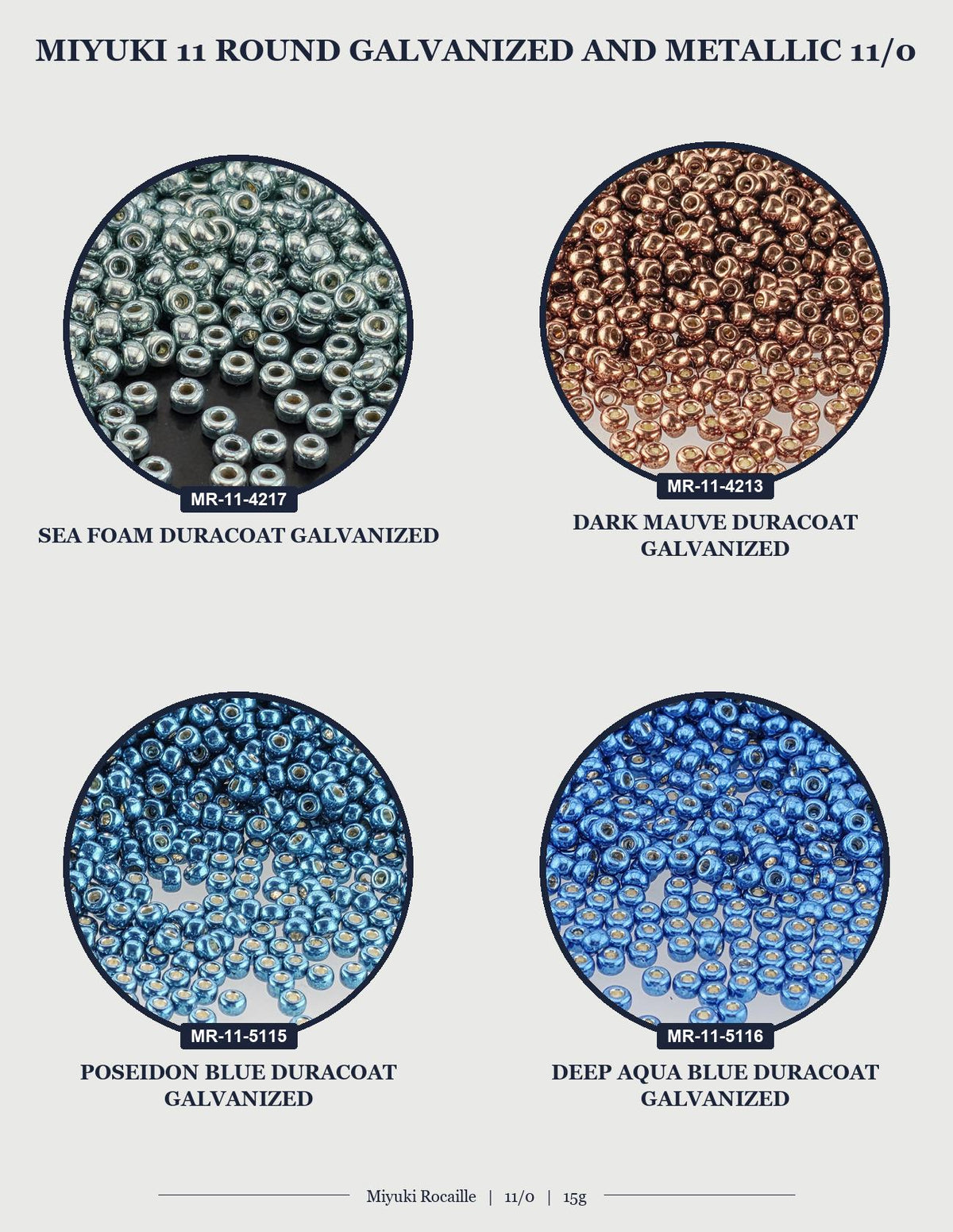 four circular images, each showing a different type of metal bead. The beads are described as round, metallic, and have a variety of colors and sizes.