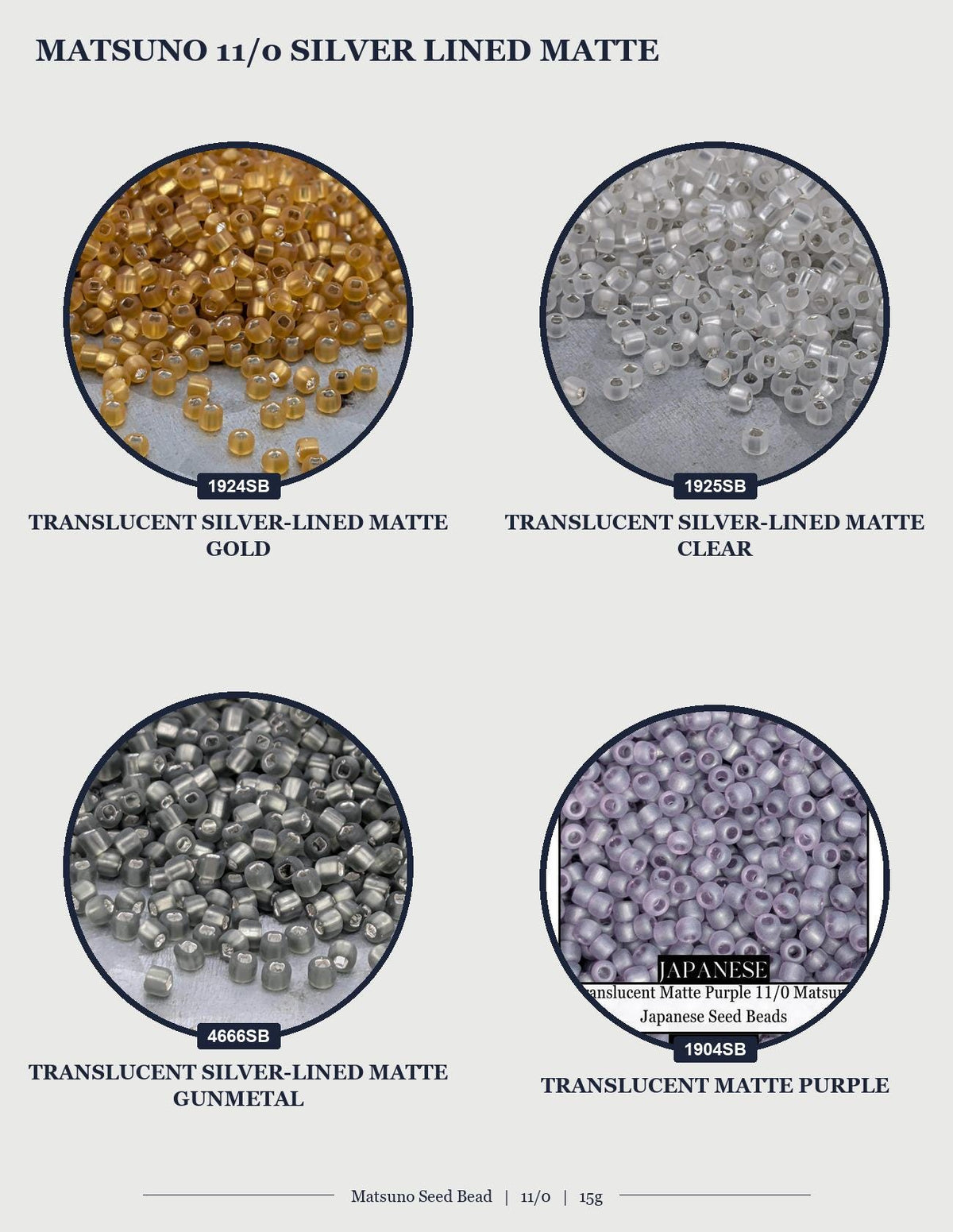 four different images of silver-lined matte beads, each with a unique color and size.