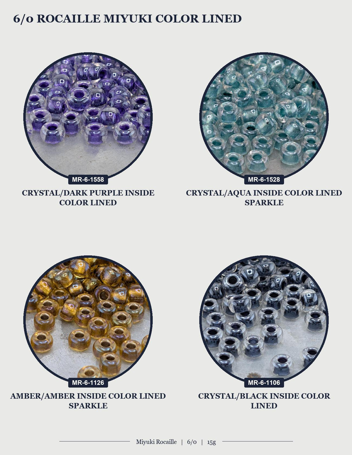 The image is a collage of four images showing different colored beads, including crystals, amber beads, and sparkles.
