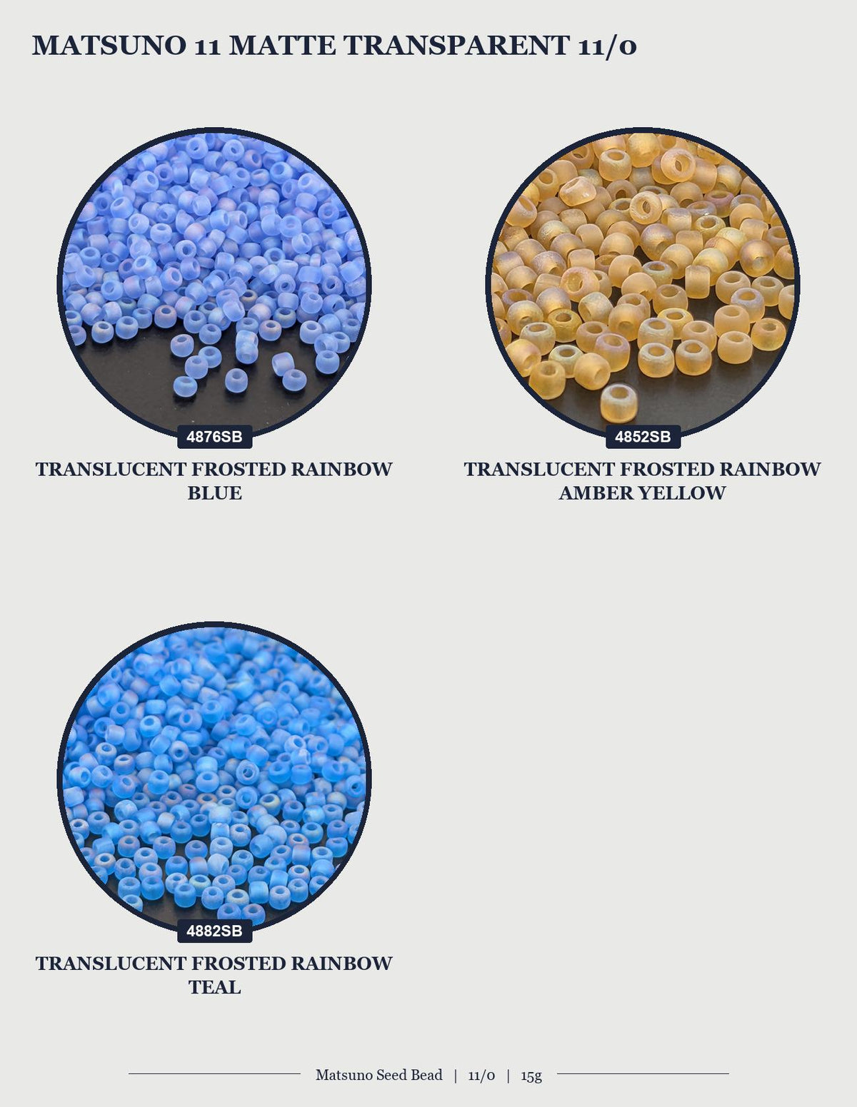 four different images of Matsuo 11 Matte Transparent 11/0 beads in various colors, including blue, teal, yellow, and amber.