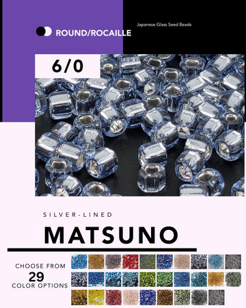 The image is a collage of various Japanese glass seed beads, including silver-lined Matsuño beads, displayed in different colors.