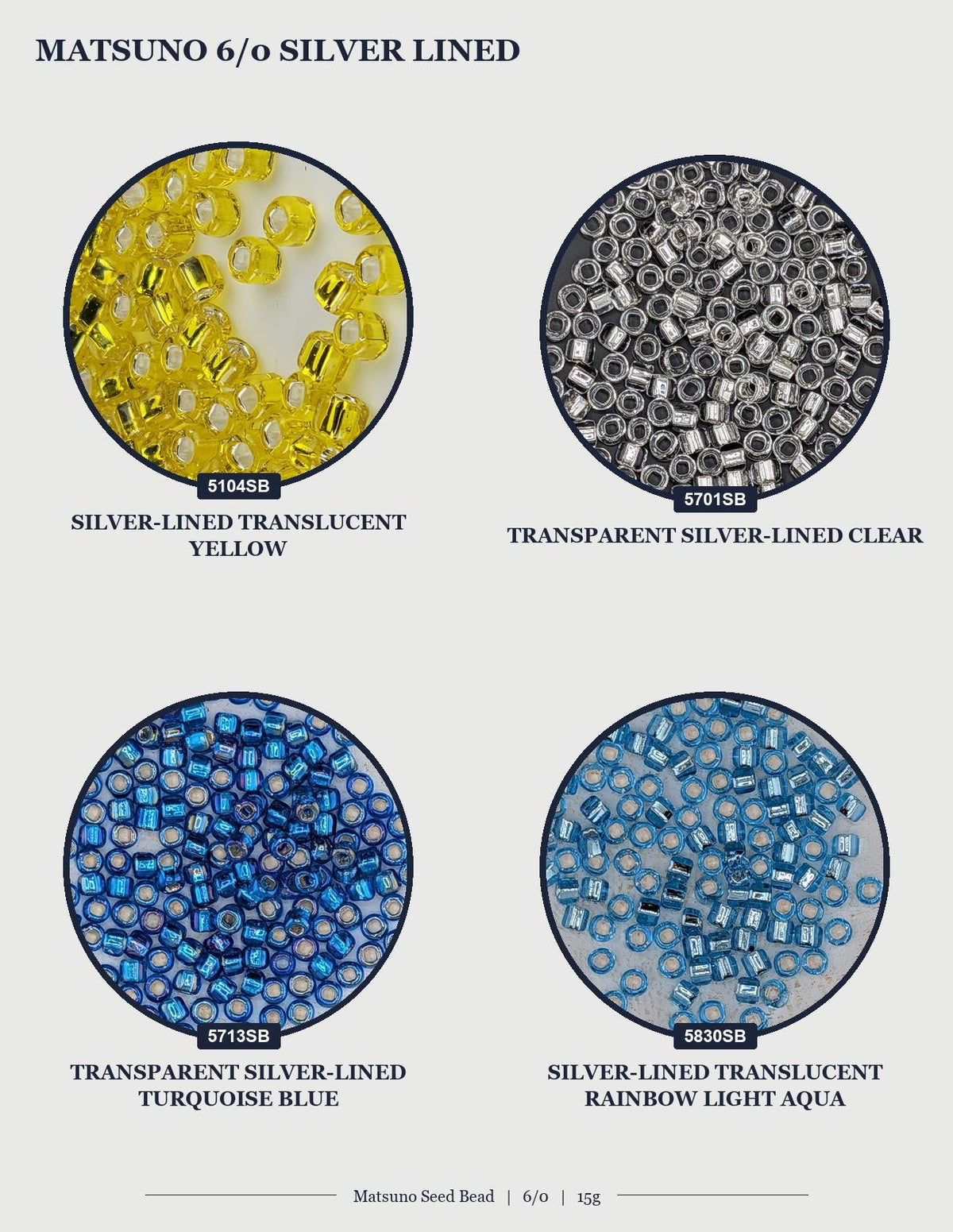 four circular images, each displaying a different colored bead. The first image shows yellow beads, the second image shows silver-lined transparent beads, the third image shows silver-lined transparent beads, and the fourth image shows blue beads.