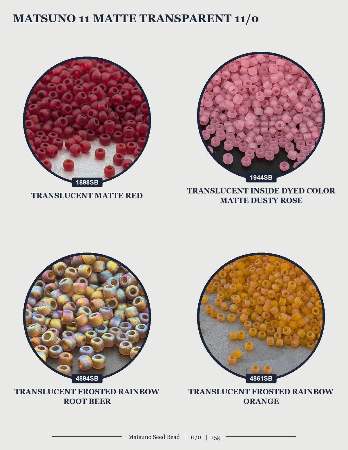 four different images of Matsuo 11 Matte Transparent 11/0 beads in various colors, including red, pink, green, and orange.
