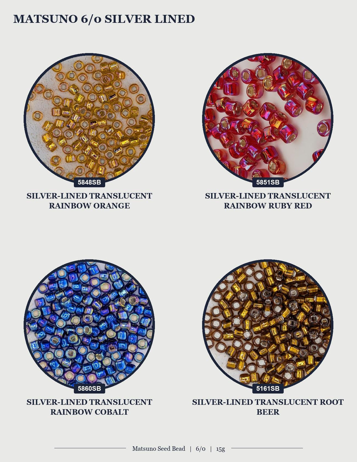 four circular images, each displaying a different type of silver-lined transparent beads. The first image shows a pile of gold-colored beads, the second image shows a pile of red-colored beads, the third image shows a pile of blue-colored beads, and the fourth image shows a pile of brown-colored beads.