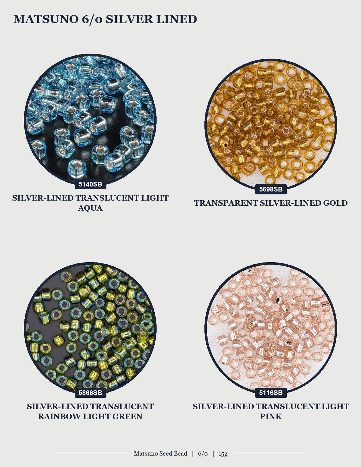 The image is a collage of four images, each depicting a different type of silver-lined seed beads. The images show the seeds in various colors, including blue, green, yellow, and pink. The seeds are arranged in a circular pattern, creating a visually appealing display.