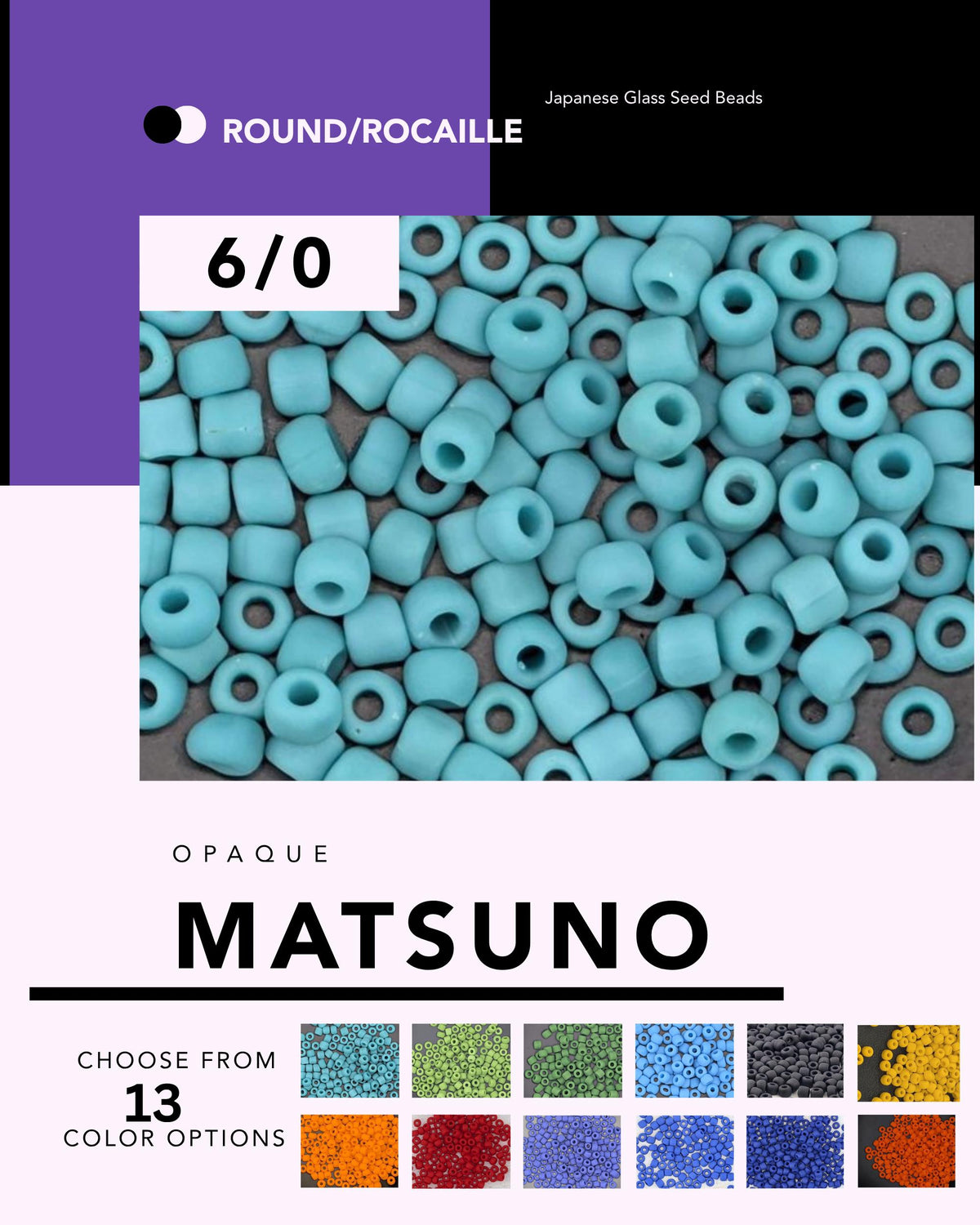 The image is a collage of various Japanese glass seed beads in different colors, including blue, green, orange, and red.