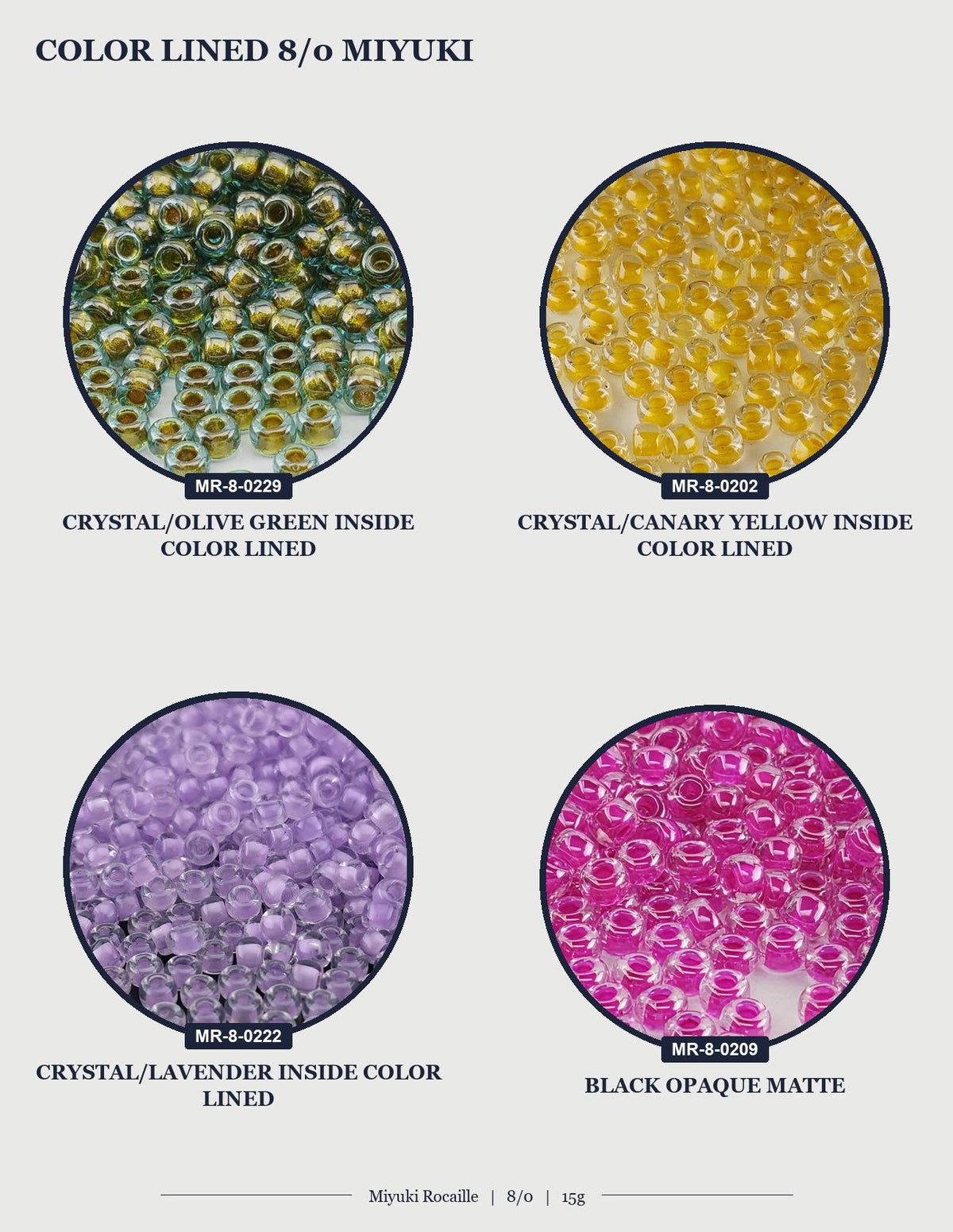 four circular images, each displaying a different colored bead. The beads are color-lined, which means they are arranged in a specific pattern or design. The beads are of various colors, including green, yellow, purple, and pink. The image does not contain any text, and the focus is on the visual presentation of the beads.