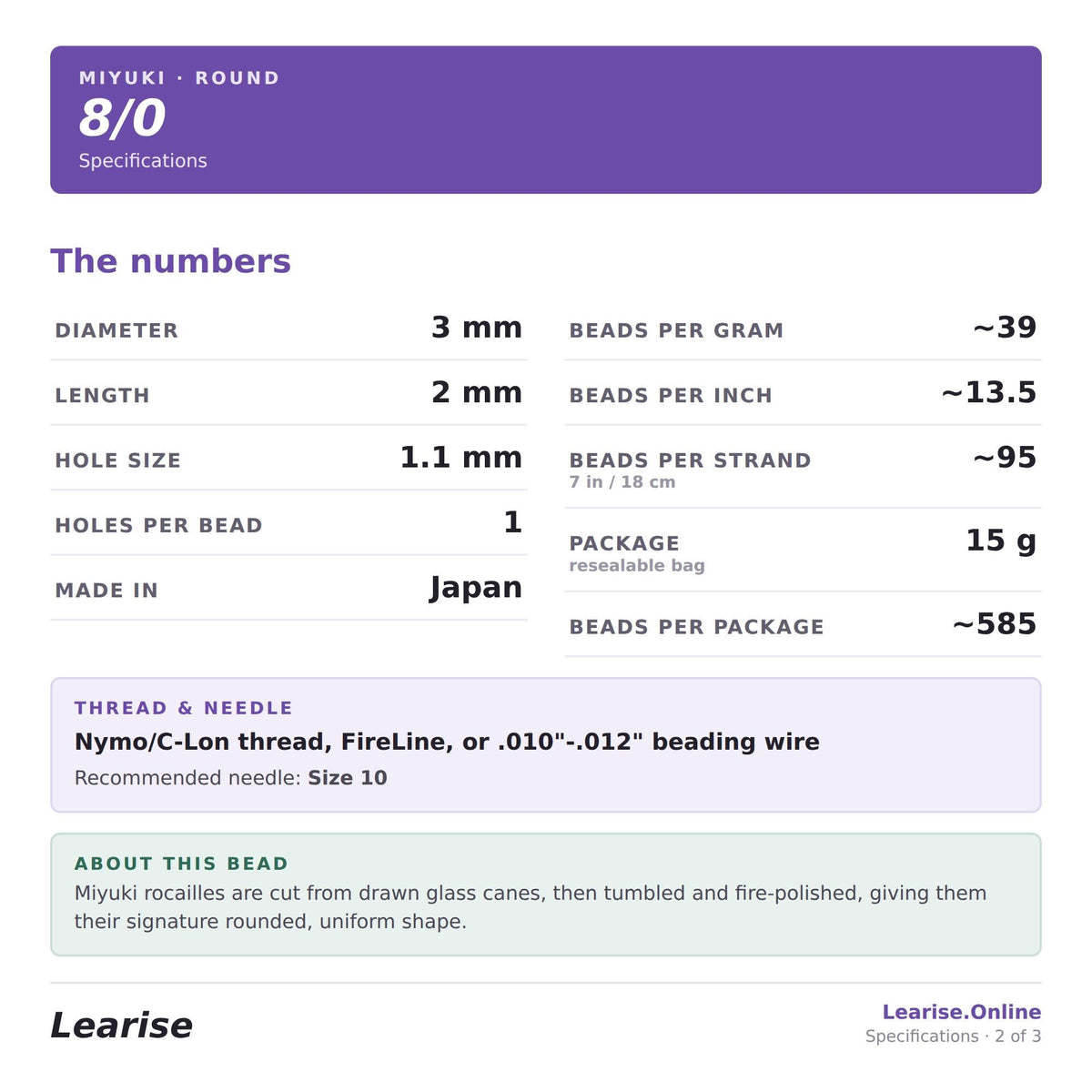 specifications for a round beaded bead, including details such as the bead size, thread and needle type, and the recommended size for the thread and needle.