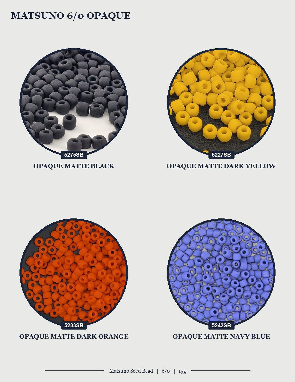 four different images of Matsuo seed beads in various colors, including black, yellow, orange, and blue.