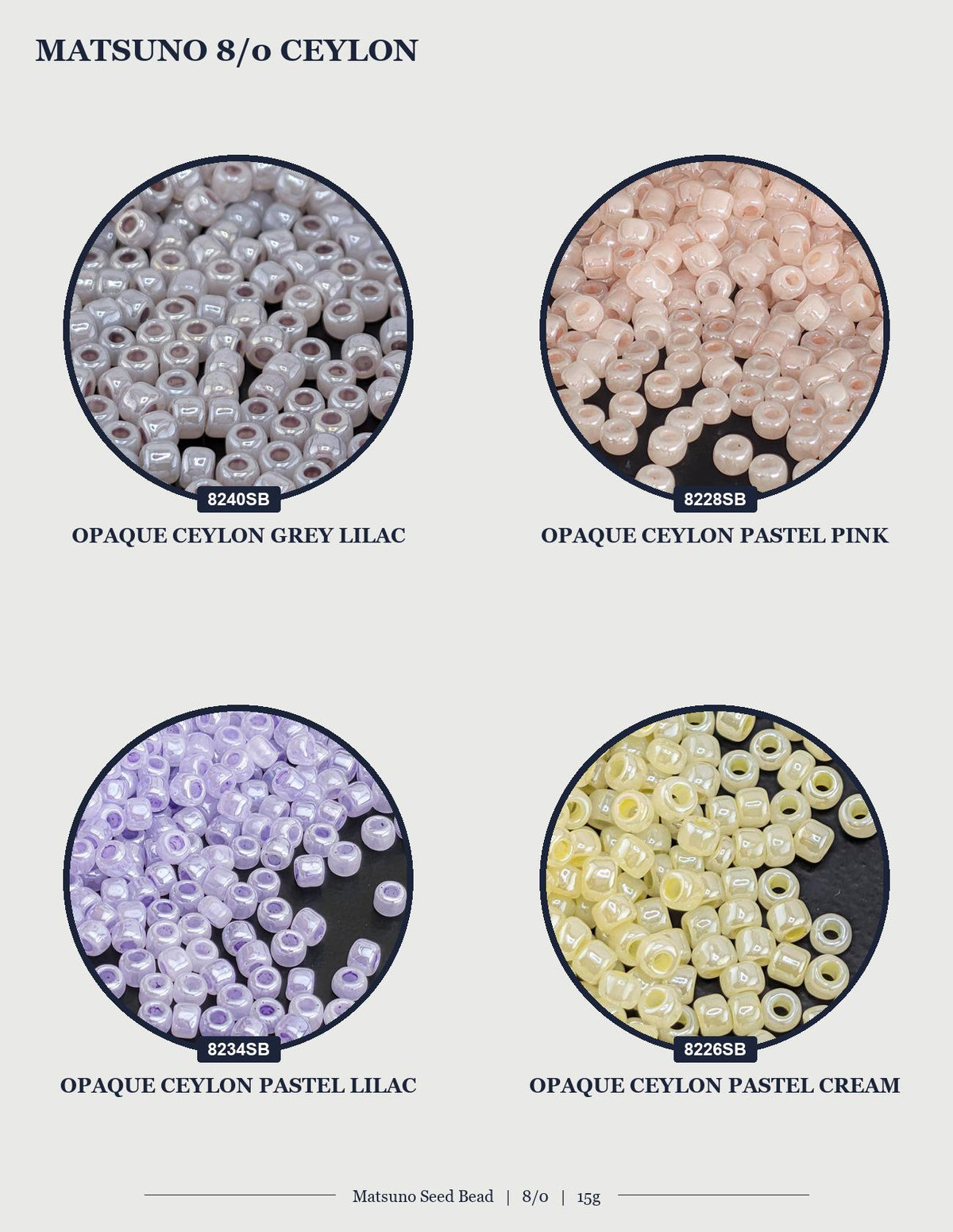 The image is a collage of four images showing different colored beads, including grey, pink, purple, and yellow beads.