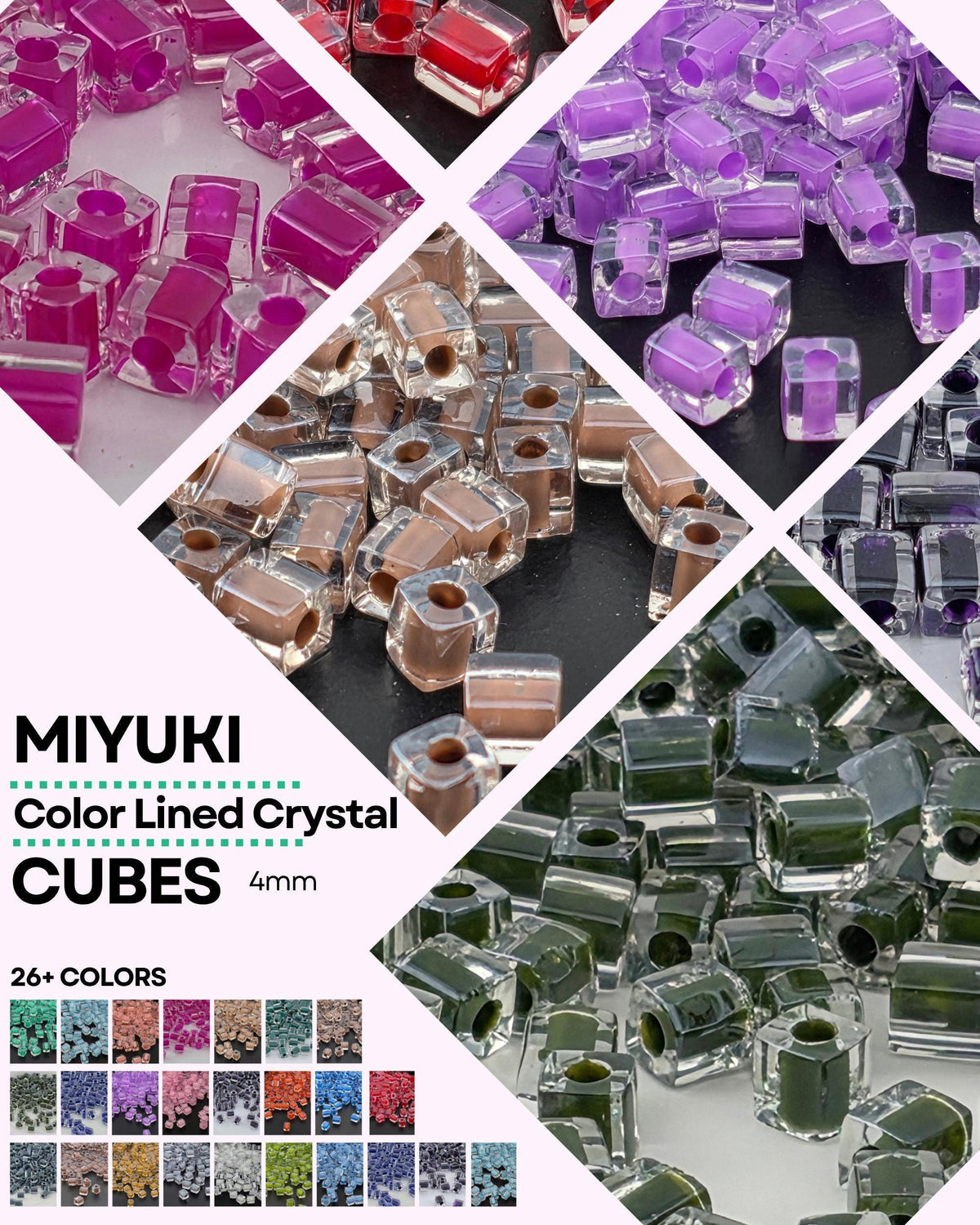 Miyuki Cube 4mm, Color Lined Square Seed Beads | Crystal Glass | DIY Jewelry Supply