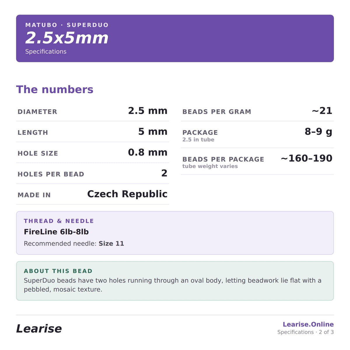 The image is a specifications page for a Matuto Super Duo 2.5x5mm bead.