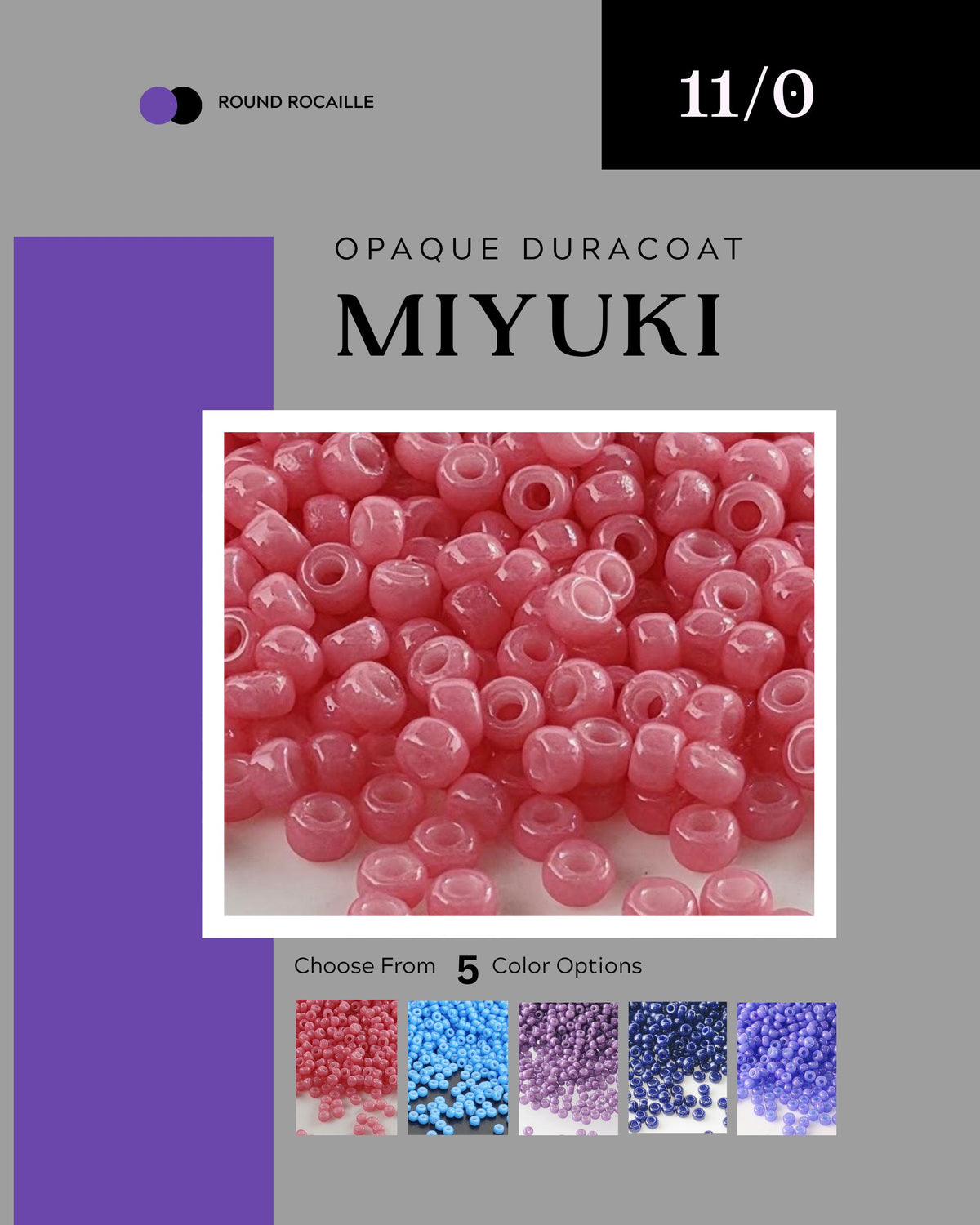The image is a collage of five different color options of round olaite duracoat beads, with a close-up of the pink beads in the center.