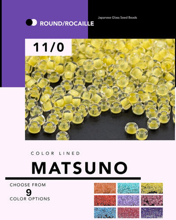 The image is a collage of multiple images featuring Japanese glass seed beads in various colors, including yellow, orange, blue, and purple.