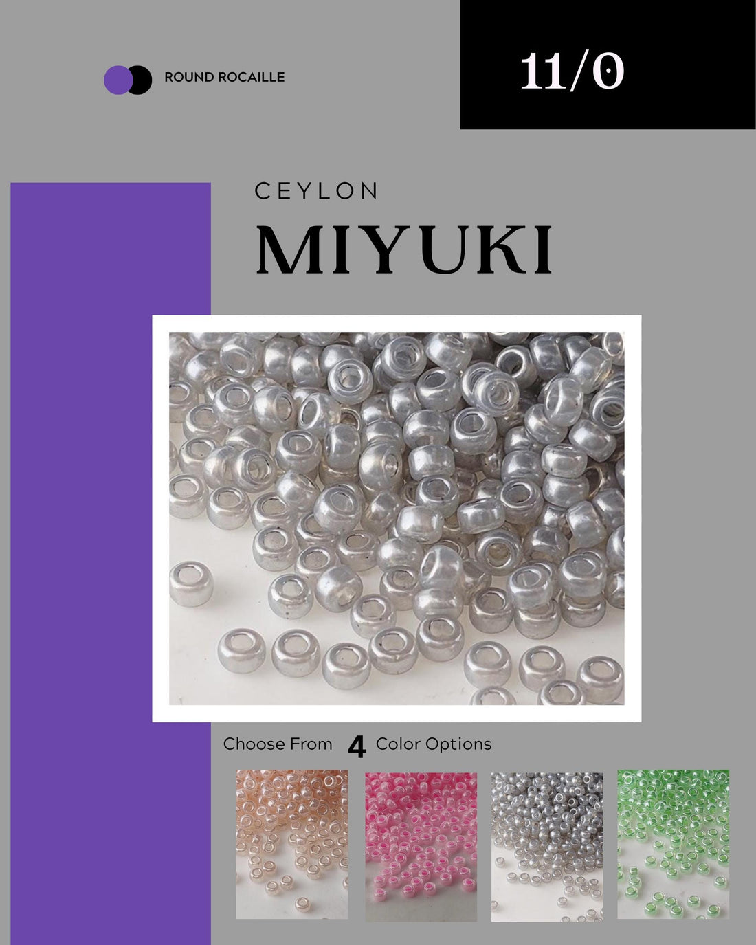 The image is a collage of various colored beads, including silver, pink, green, and clear beads, arranged in a visually appealing manner.
