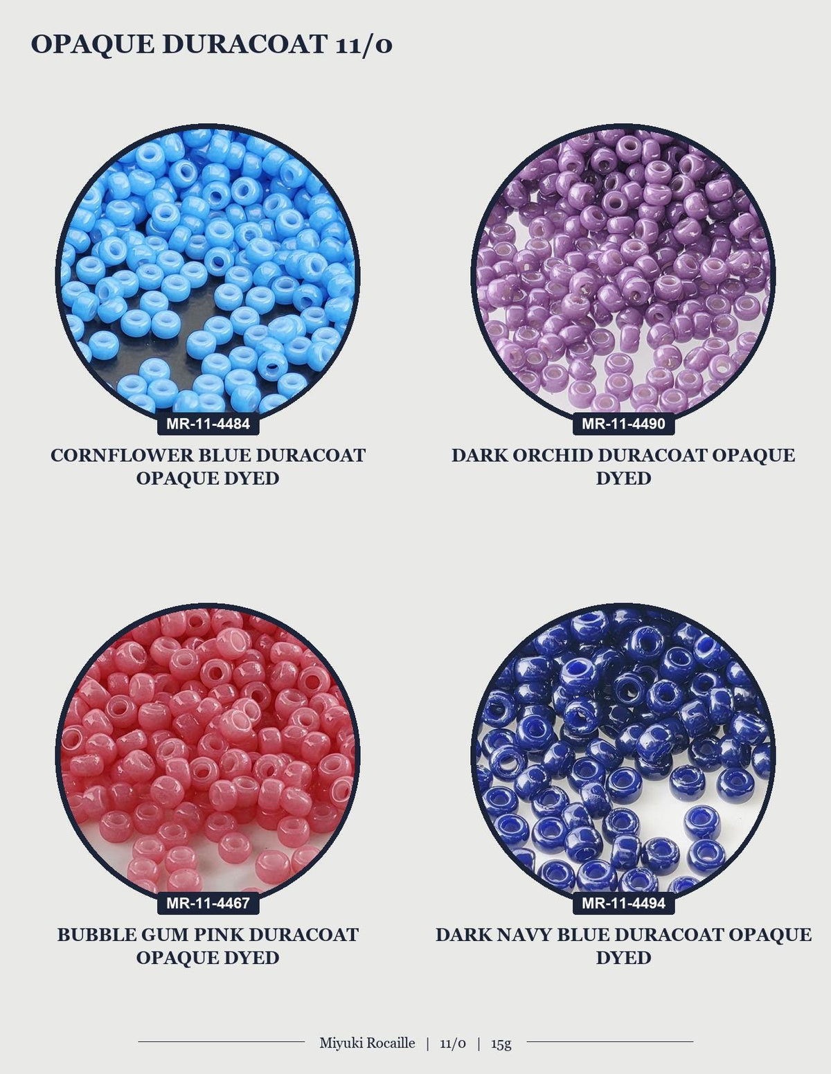 four circular images, each showing a different color of Opaque Duracoat beads. The first image shows a blue Opaque Duracoat, the second image shows a purple Opaque Duracoat, the third image shows a red Opaque Duracoat, and the fourth image shows a dark navy blue Opaque Duracoat.