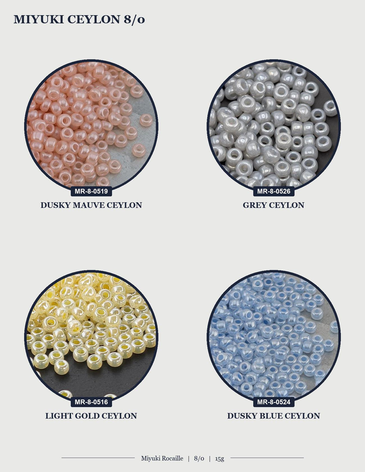 four circular images, each showing a different color of bead: pink, grey, yellow, and blue.