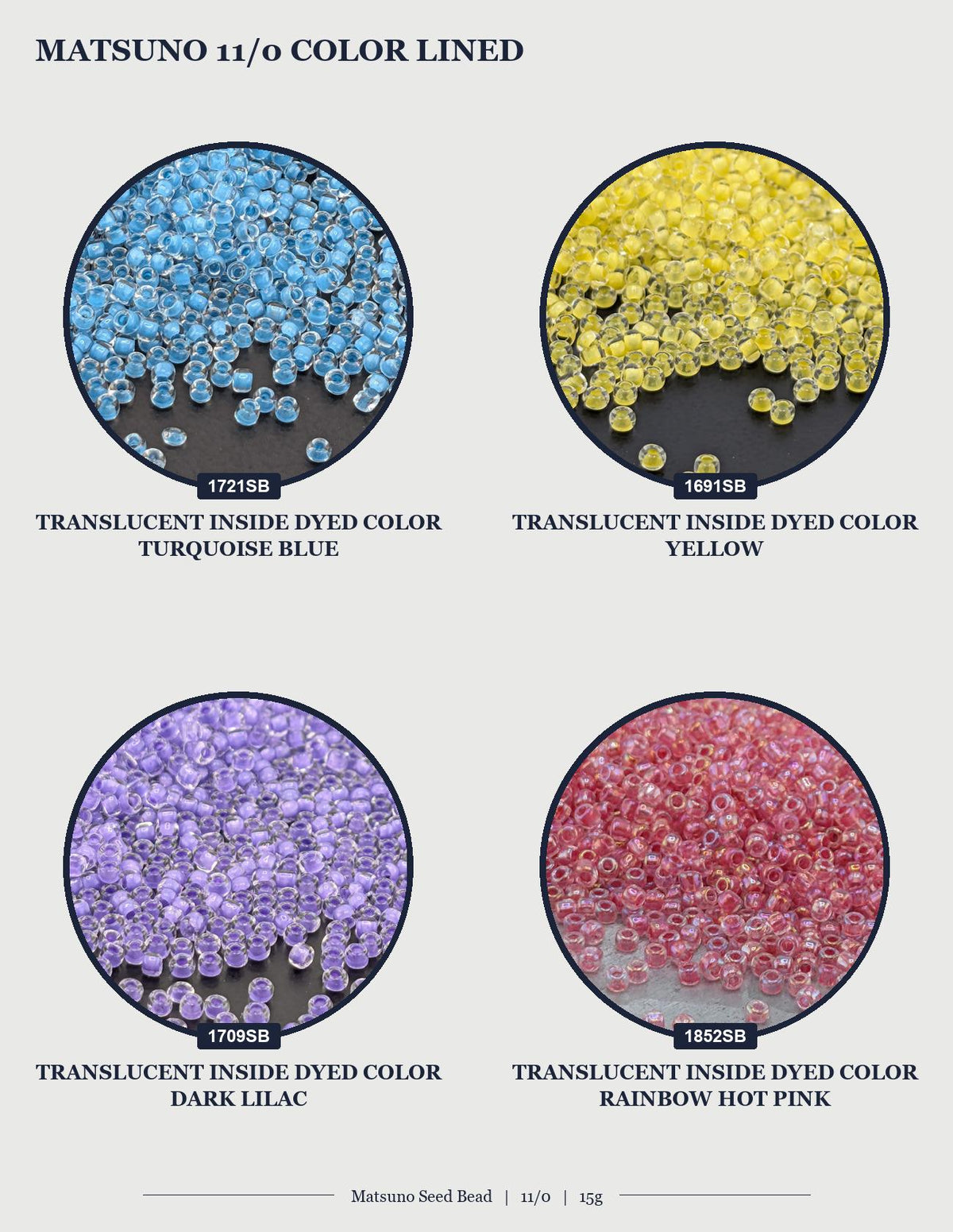 four circular images, each displaying a different colored bead. The beads are arranged in a grid format, with each row representing a different colored bead and each column representing a different bead type. The beads are transparent, allowing the colors to be clearly visible.