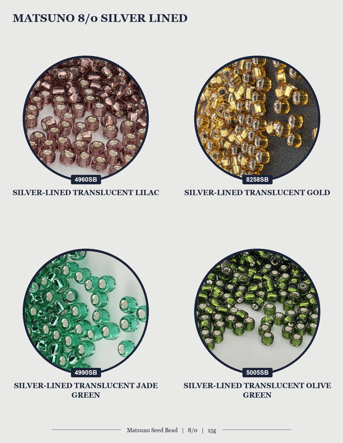 four different types of beads, each with a unique color and pattern. The beads are arranged in a grid format, with each row representing a different type of bead and each column representing a different color. The image does not contain any text, and the descriptions provided are concise and avoid redundancy.