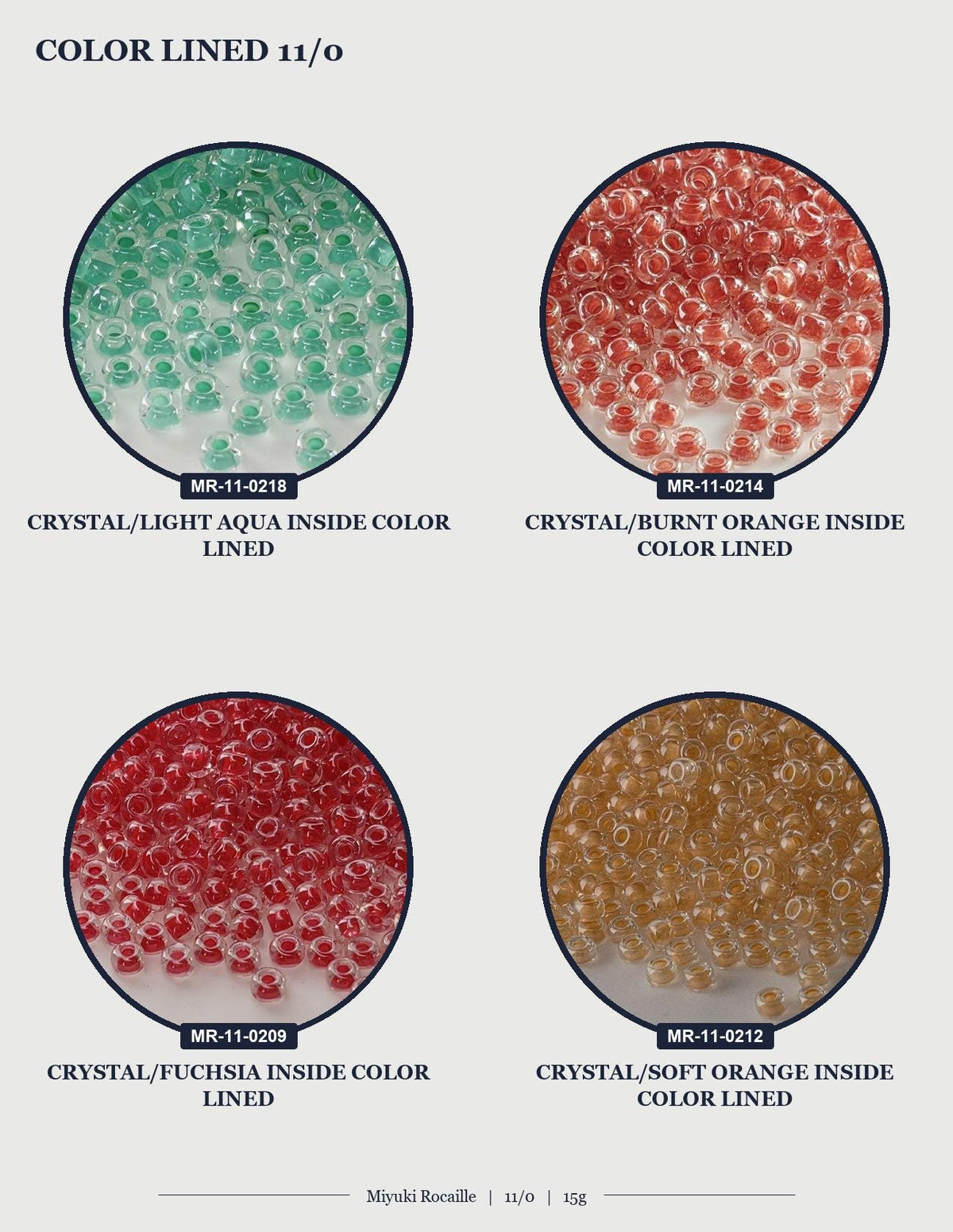 four circular images, each showing a different colored bead or bead-like object. The objects are arranged in a grid format, with each row representing a different color lined up next to the corresponding image.