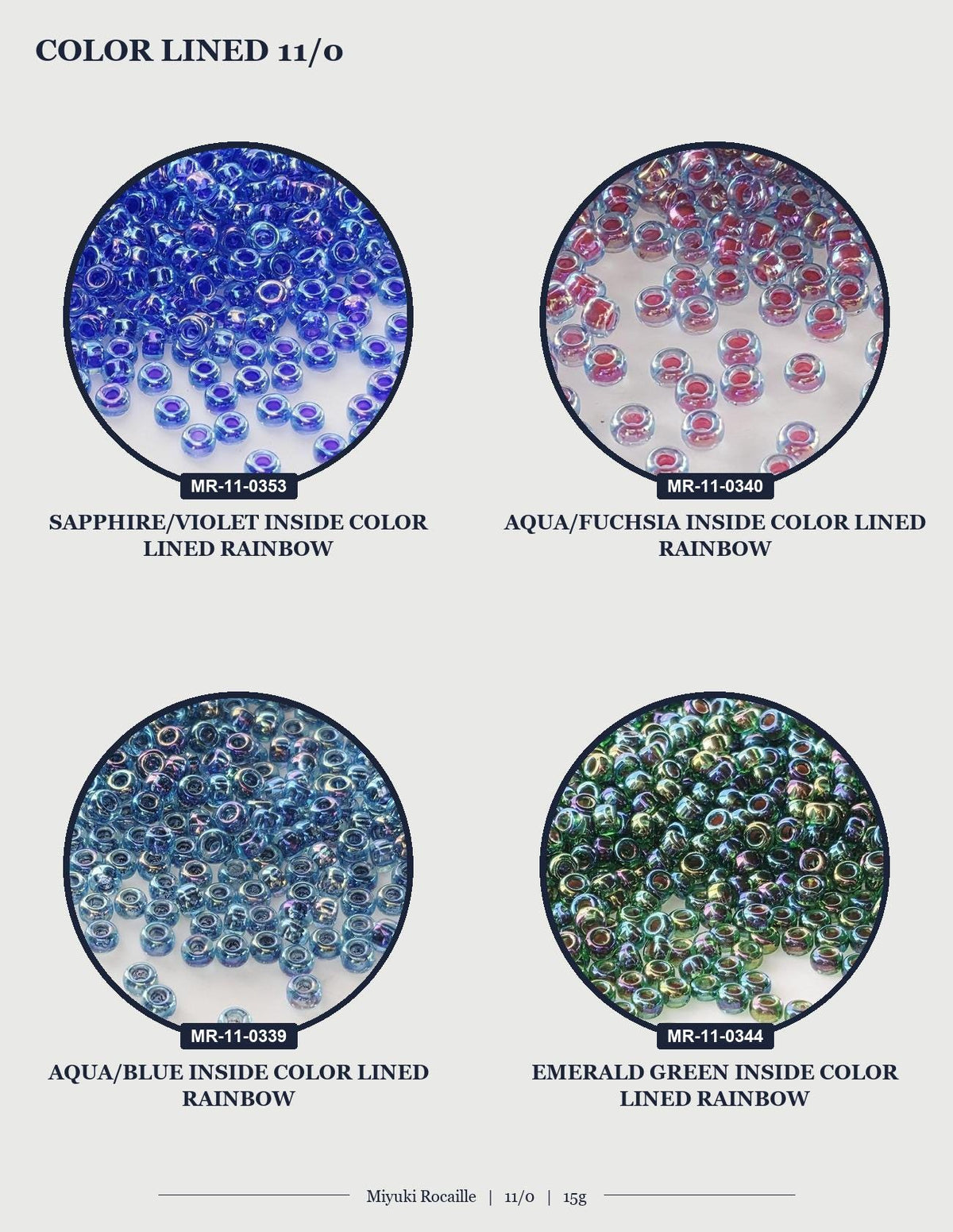 four circular images, each showing a different colored bead. The beads are arranged in a way that they appear to be lined up, creating a visually appealing display.