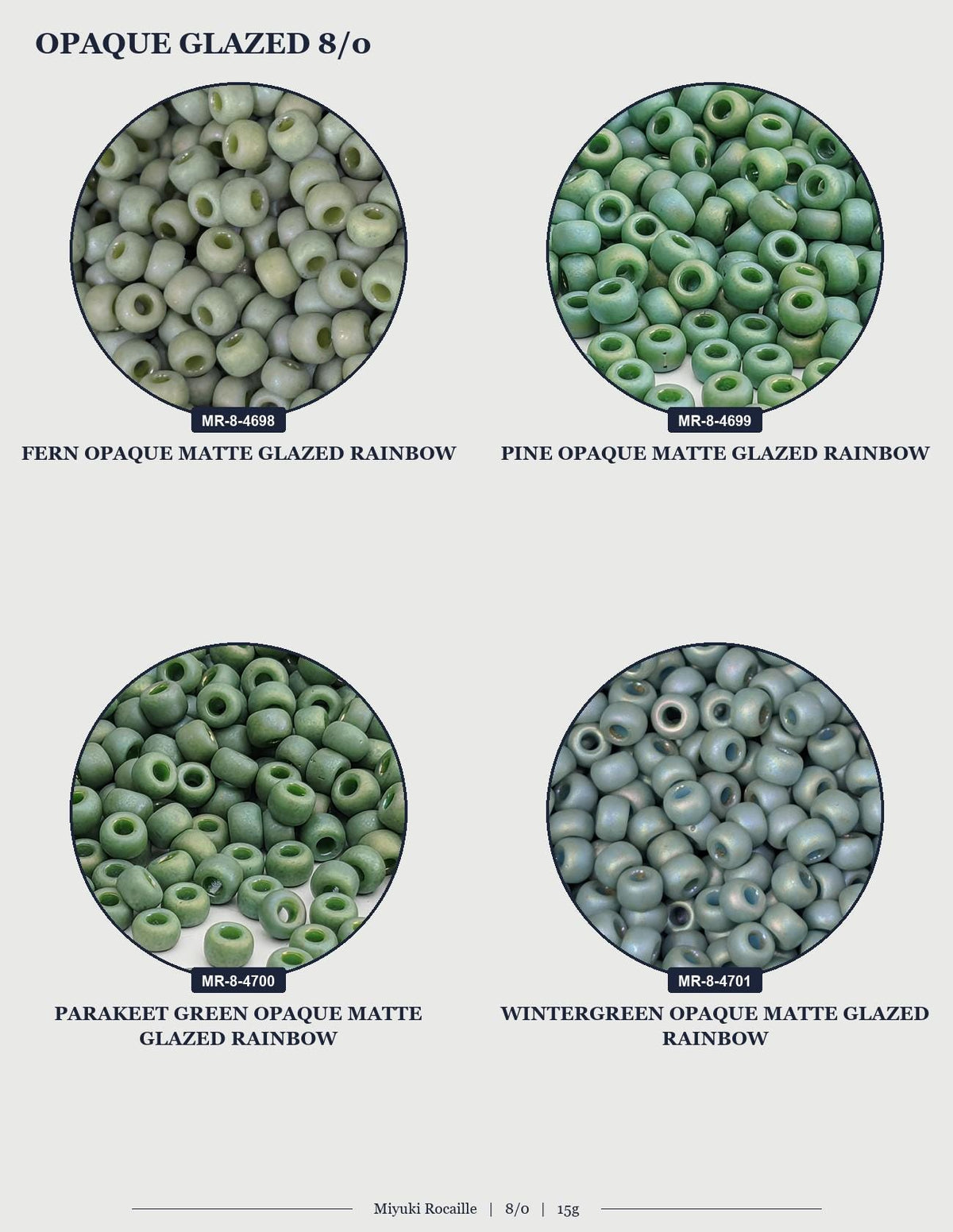 four different images of a circular arrangement of green glass beads, each with varying shades of green. The images are labeled with text that describes the type of beads and their color variations.