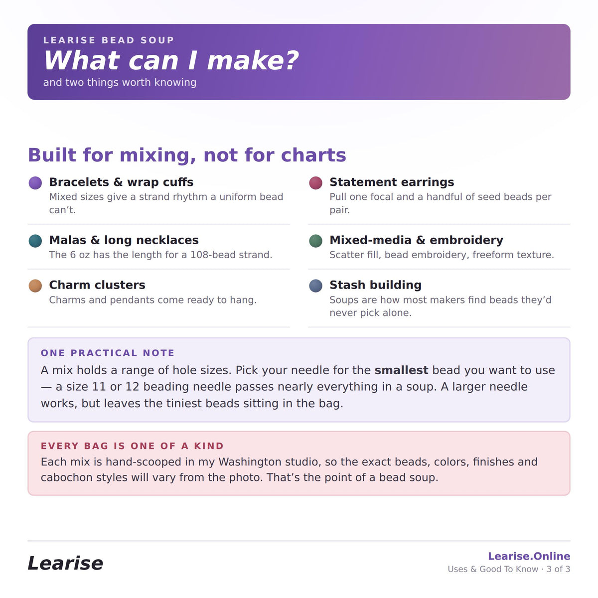 The image is a collage of various images related to the topic of LARPISE bead soup. It includes images of different types of beads, such as statement earrings, malas and long necklaces, charm clusters, and stashing building. The image also features a note about picking the right needle size for a specific bead and a description of the entire mix being hand-scoped in a studio.