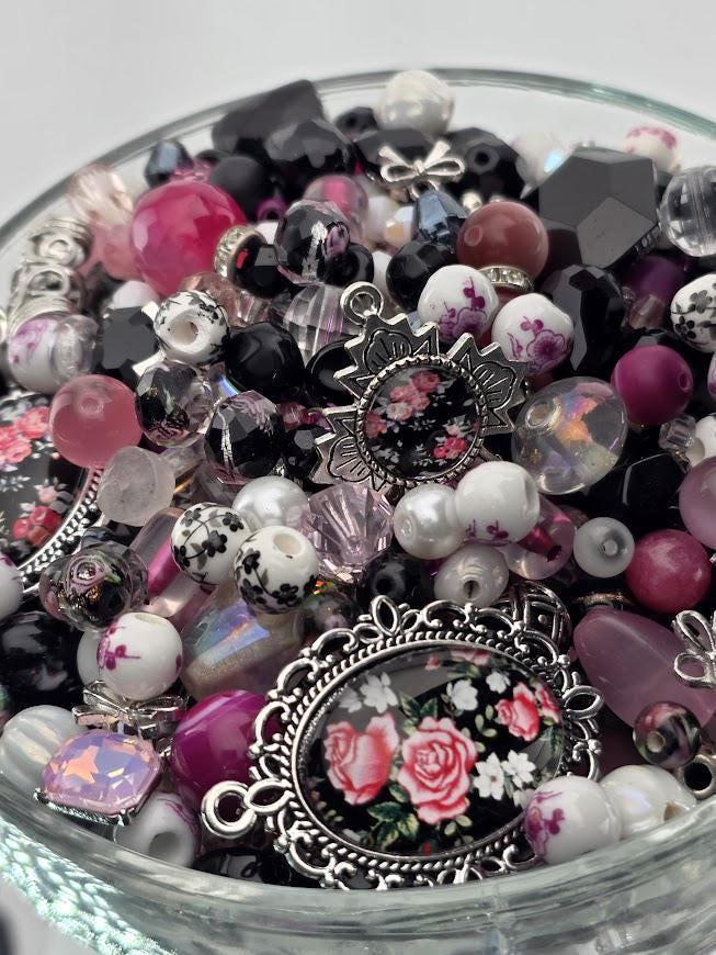 Mademoiselle Bead Soup Mix | Black, Pink, Pearl Glass Beads | Vintage Cabochon Pendants