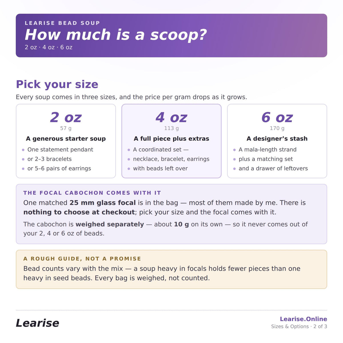 a collection of three different sizes of LARPISE bead soup, with a focus on the bowl size. The text provides information about the sizes and prices of the soup, as well as the weight of the bowl and the number of beads in the bag.