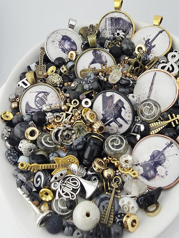 Bead Soup Mix, Black and Gold Glass | Music Pendant Beads | DIY Jewelry Kit