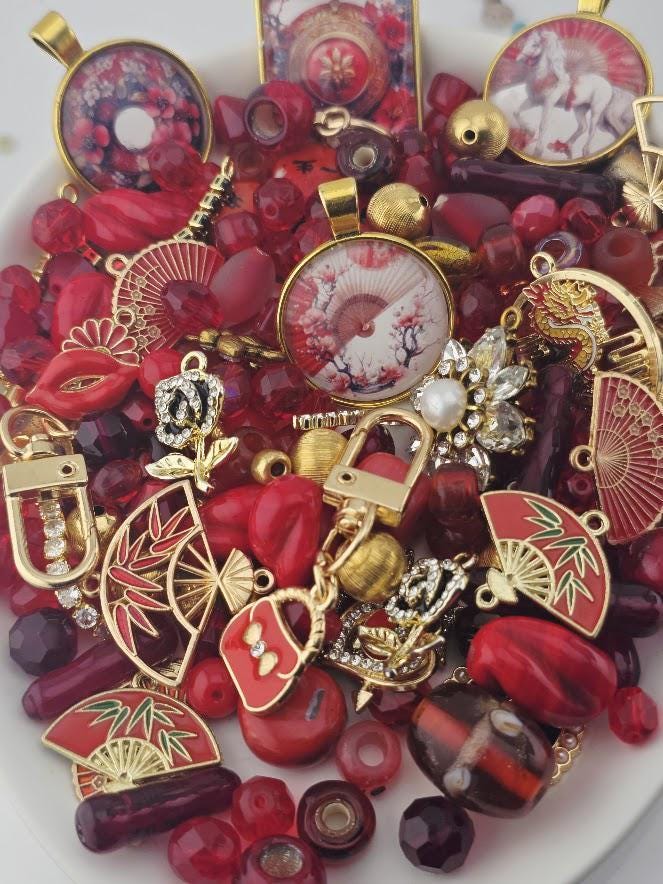 Bead Soup Mix, Crimson Lantern | Deep Red Gold Glass | Oriental Fan Cabochon