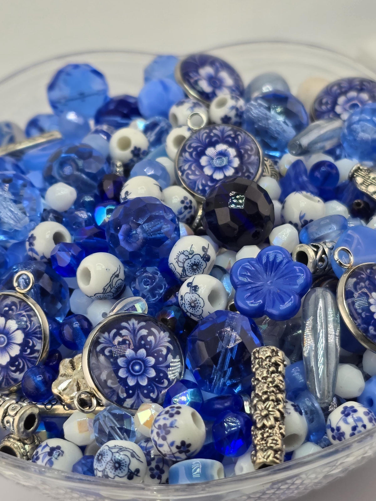 Indigo Garden Bead Mix, Porcelain & Cobalt Blue Glass Bead Mix (2oz, Floral Design) | Jewelry Making Bracelet Supply | Learise Curated Mix