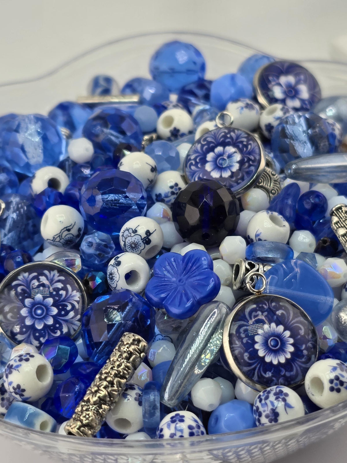 Indigo Garden Bead Mix, Porcelain & Cobalt Blue Glass Bead Mix (2oz, Floral Design) | Jewelry Making Bracelet Supply | Learise Curated Mix