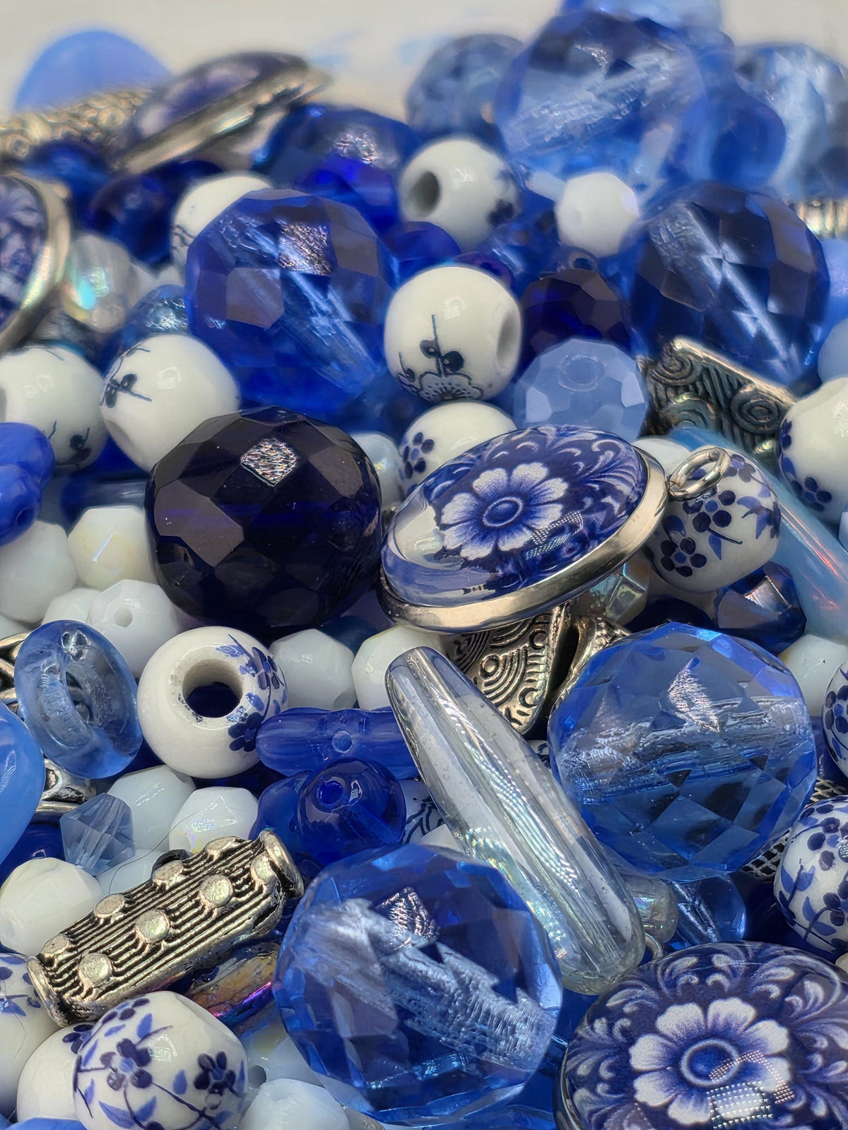 Indigo Garden Bead Mix, Porcelain & Cobalt Blue Glass Bead Mix (2oz, Floral Design) | Jewelry Making Bracelet Supply | Learise Curated Mix