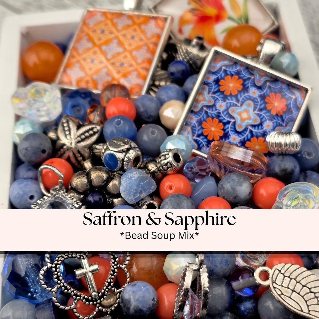 Saffron and Sapphire Bead Soup Mix | Cobalt Glass, Orange Beads, Moroccan Tile Focal