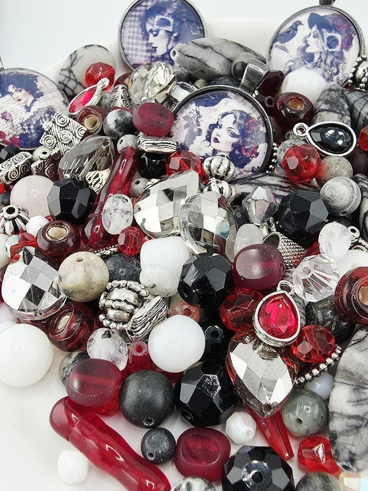 Scarlet and Smoke Bead Soup Mix | Scarlet Red and Black Glass Beads | Gothic Portrait Cabochon Pendants | DIY Jewelry Making