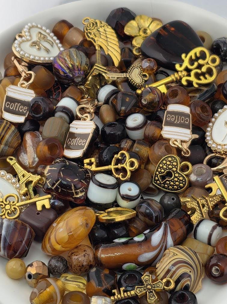 Cafe Parisienne Bead Soup Mix | Brown & Amber Glass Beads, Coffee Charms | DIY Jewelry