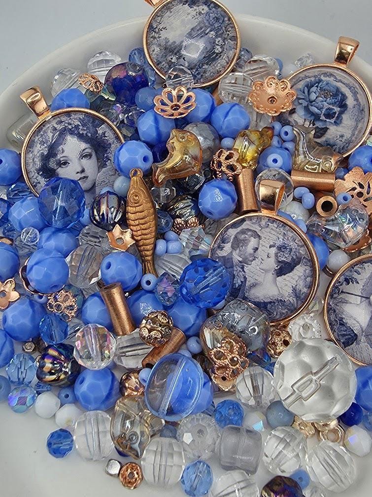 Bead Soup Mix, Vintage Portrait Cabochon | Periwinkle & Rose Gold Glass | DIY Jewelry