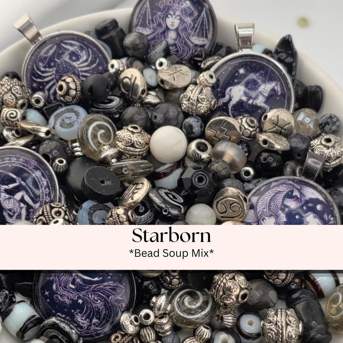 Bead Soup Mix, Inky Purple & Silver Zodiac Cabochon | Celestial Glass Beads