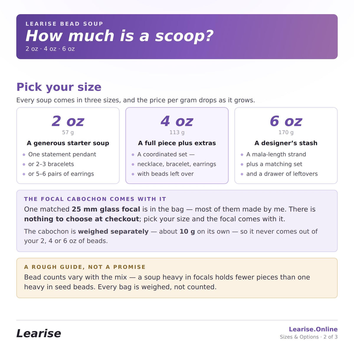 a collection of three different sizes of LARPISE bead soup, with a focus on the bowl size. The text provides information about the sizes and prices of the soup, as well as the weight of the bowl and the number of beads in the bag.