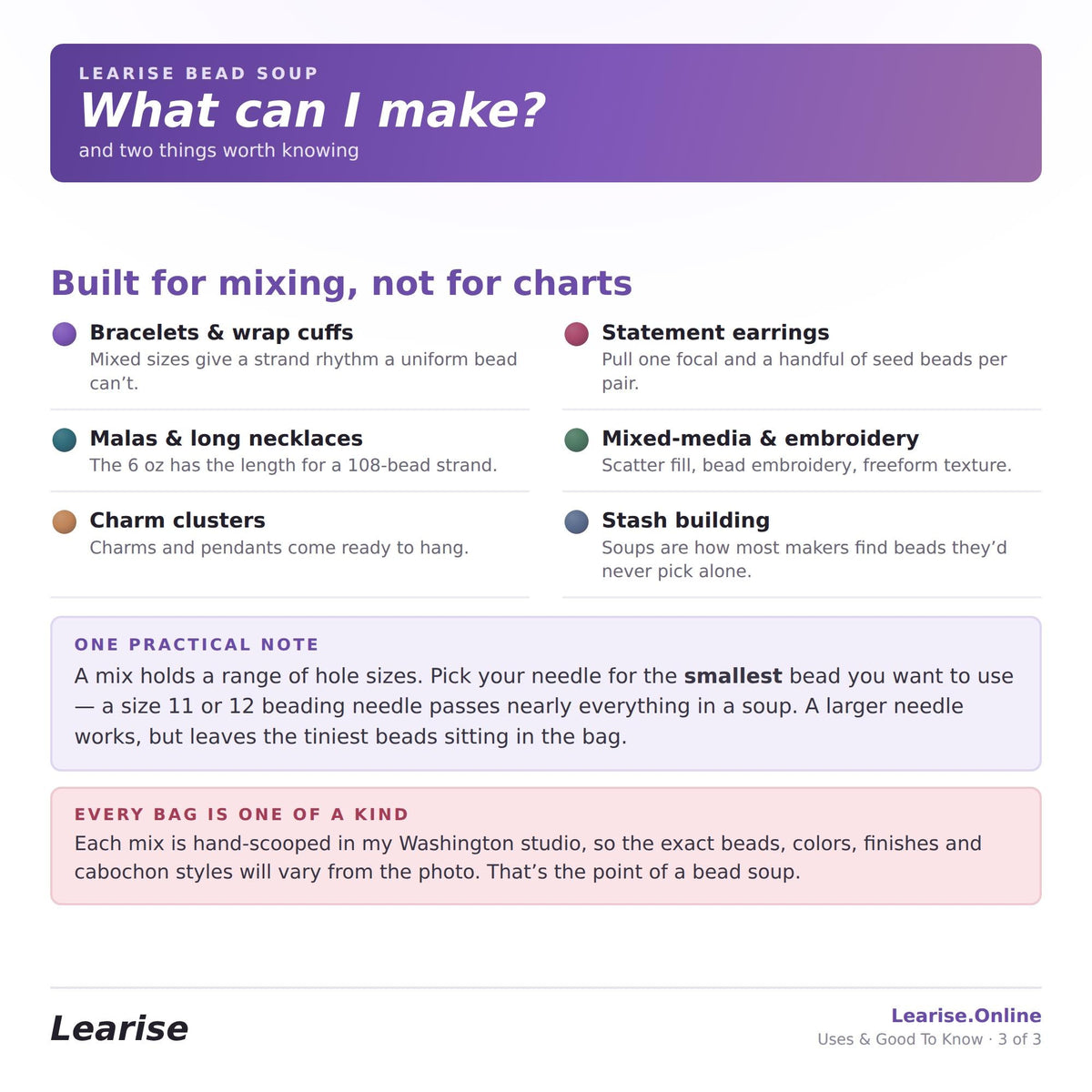 The image is a collage of various images related to the topic of LARPISE bead soup. It includes images of different types of beads, such as statement earrings, malas and long necklaces, charm clusters, and stashing building. The image also features a note about picking the right needle size for a specific bead and a description of the entire mix being hand-scoped in a studio.