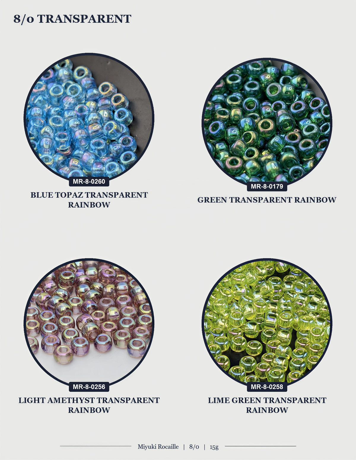 four circular images, each displaying a different type of transparent bead. The beads are arranged in a grid format, with each row representing a different color and each column representing a different type of bead. The images show a variety of transparent beads, including blue, green, light amethyst, and lime green transparent beads.
