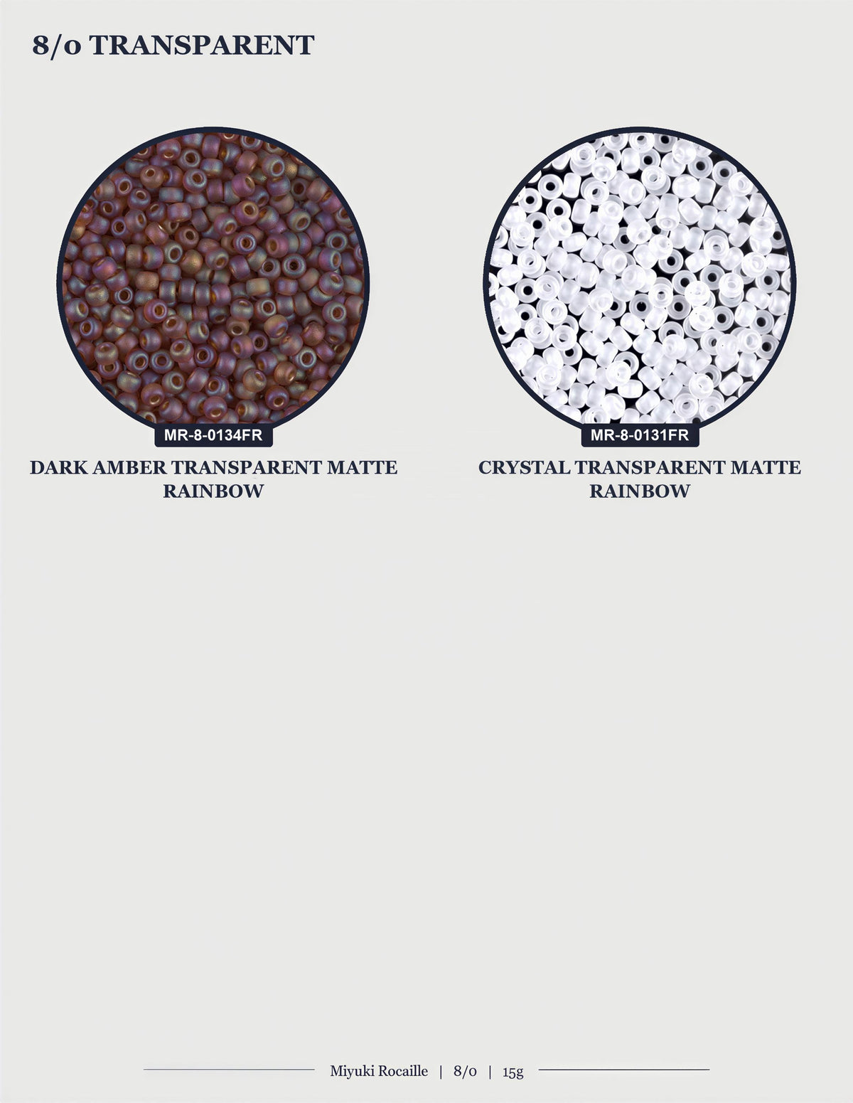 two images of transparent beads, one with a dark amber color and the other with a crystal transparent color.