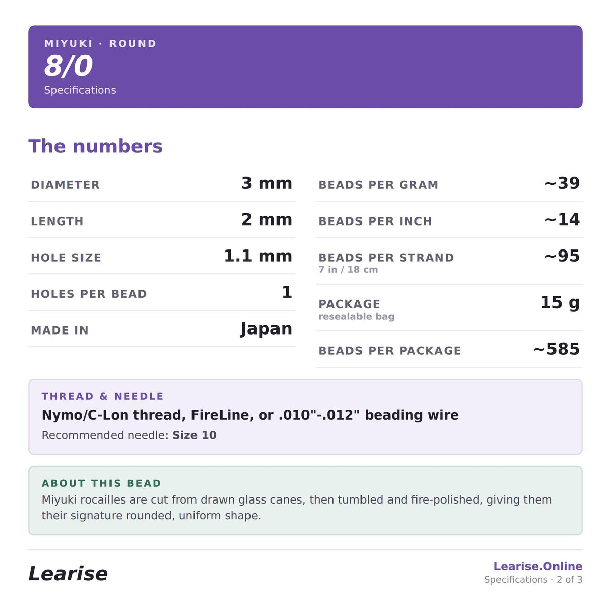 specifications for a round beaded bead, including details such as the bead size, thread and needle type, and the recommended size for the thread and needle.