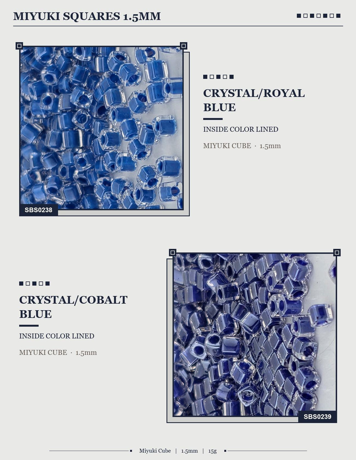 two different types of blue beads, with one being a crystal/royal blue and the other being a cobalt blue. The beads are lined up and appear to be made of a material that is either a type of plastic or metal.