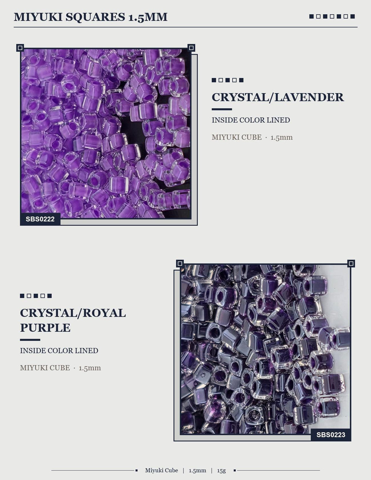 two different types of beads, each with a unique color and size. The beads are described as "Crystal/Royal Purple" and "Crystal Purple" respectively. The beads are also labeled as "Inside Color Lined" and "Myiuki Cube - 1.5mm" in the provided text.