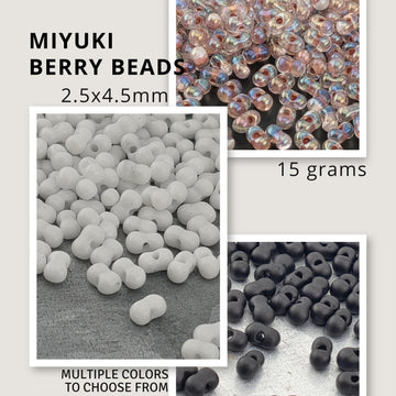 The image is a collage of three images showing different types of beads, including Miyuki Berry Beads, 15 grams, and black beads.