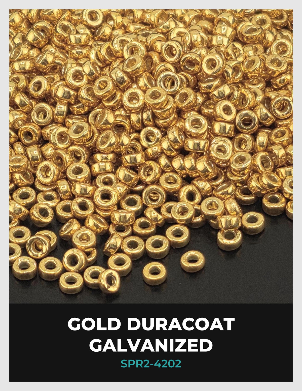 The image is a close-up of a pile of gold-colored beads or coins, with the text "GOLD DURAcoat GALVANIZED" and "SPR2-42202" visible.