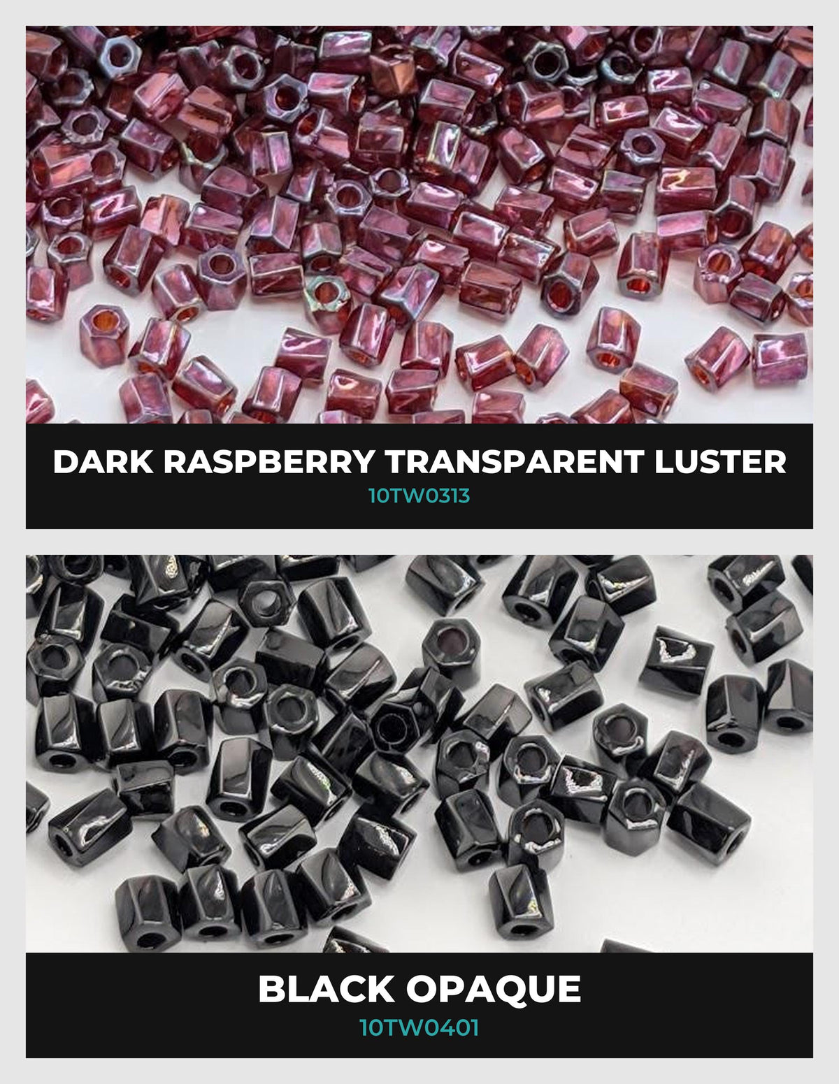two different types of beads: dark raspberry transparent luster beads and black opaque beads.